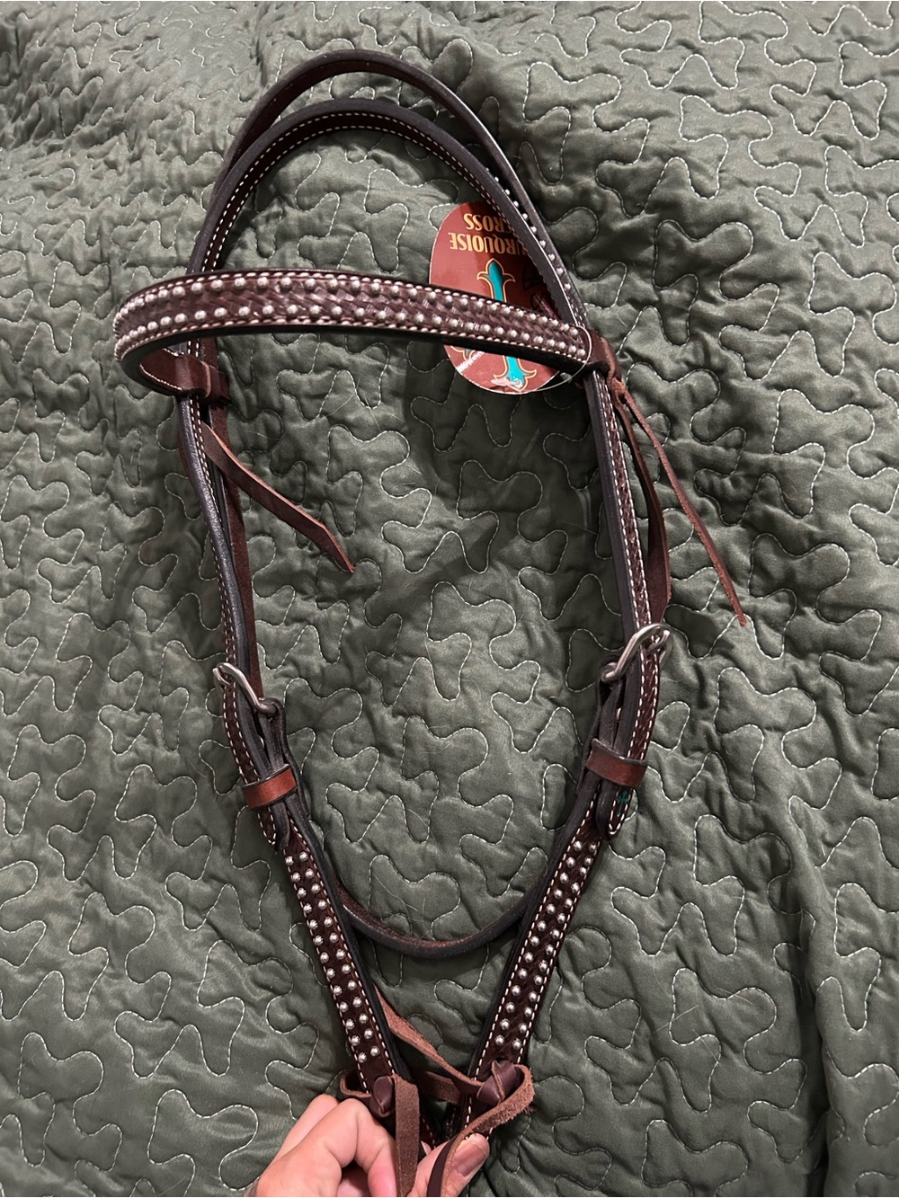 Turquoise Cross Studded browband dark leather headstall NWT